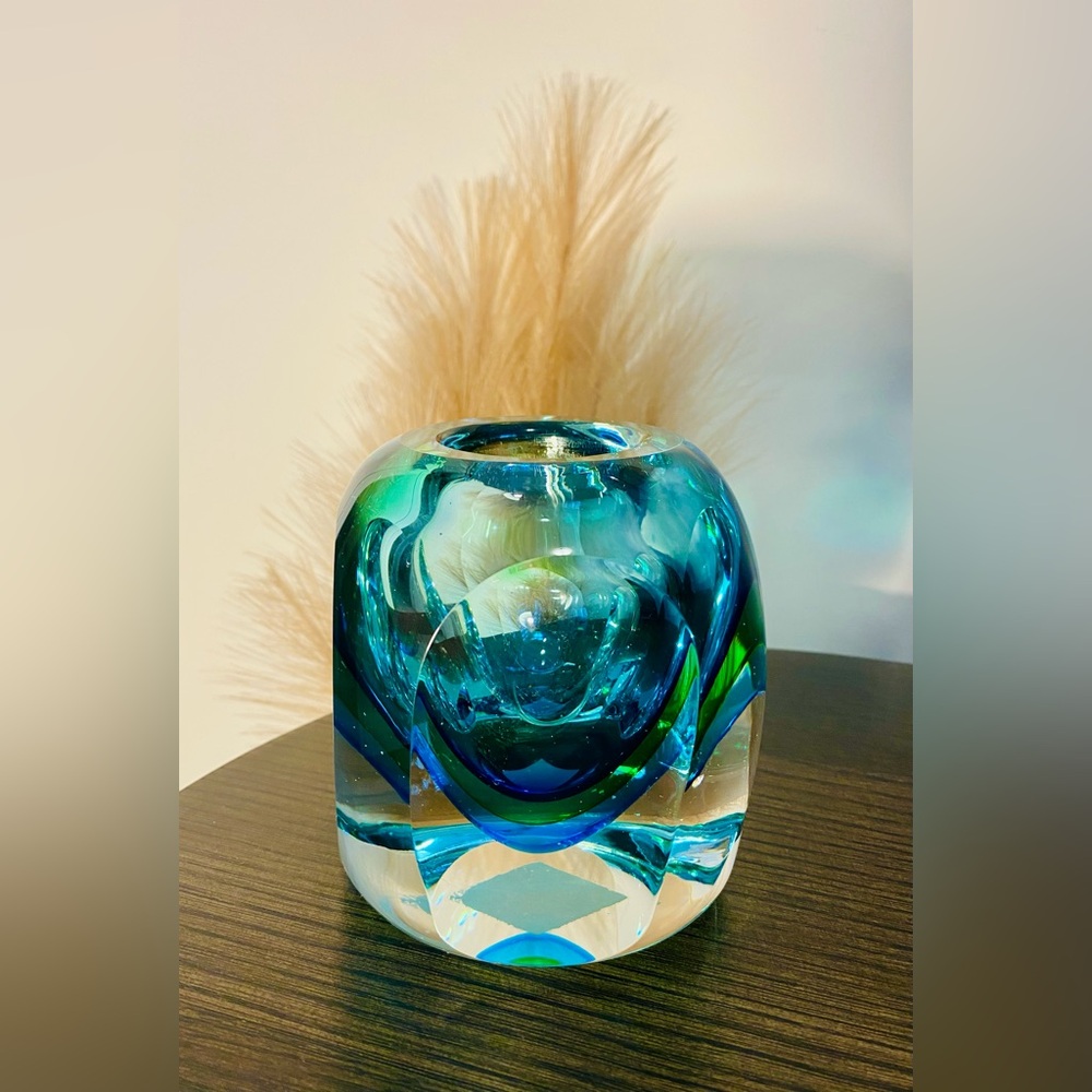 Vibrant Teal and Green Glass Art Votive by Bernini